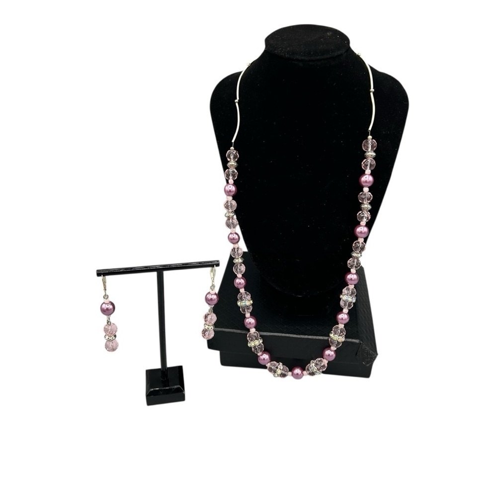 Vintage Pink Beaded Necklace & Earrings Set Glass Pearl Crystal - Picture 5 of 12